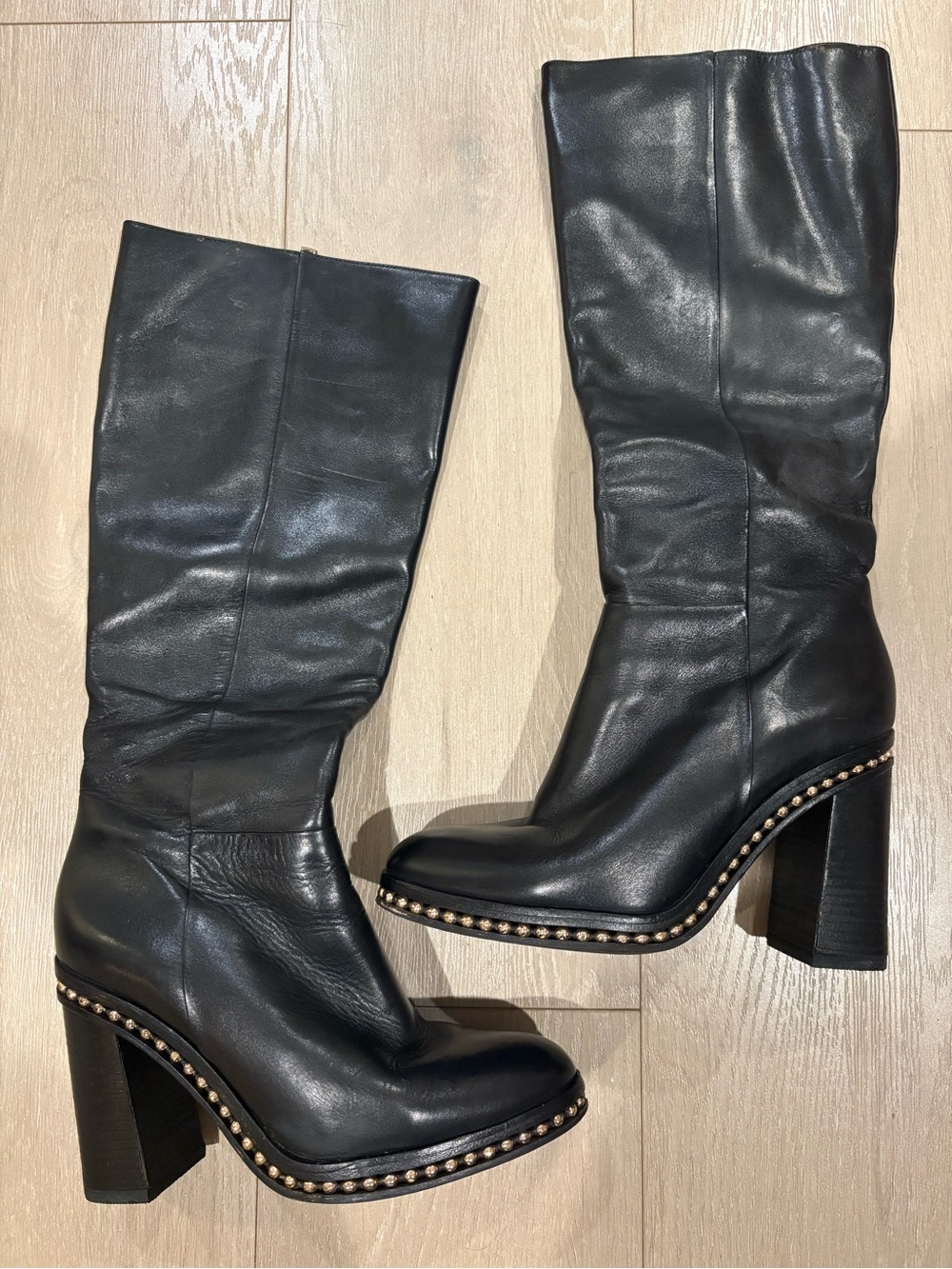 Coach Black Leather Knee High Heel Boots with Gold Stud Accents Size 10